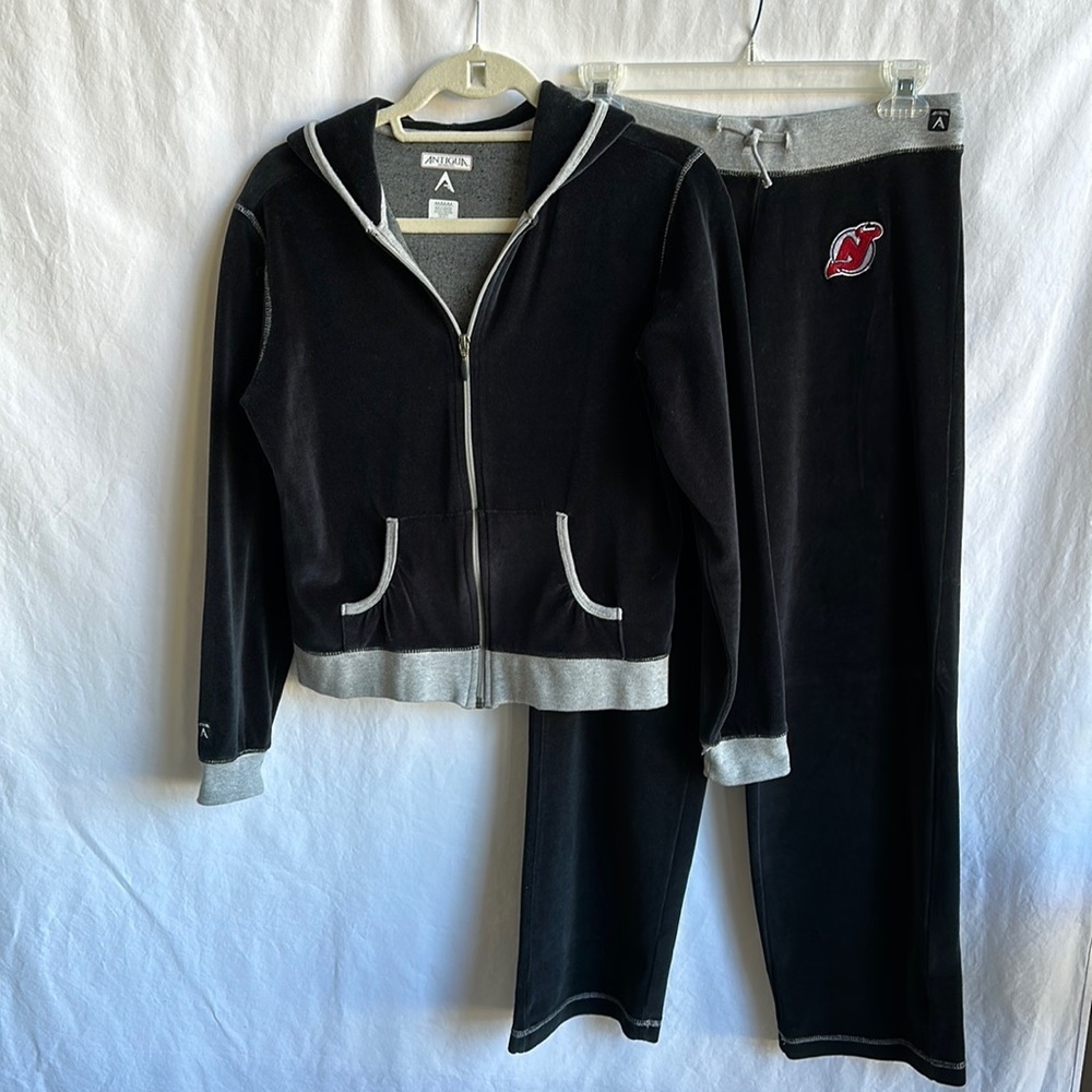 Antigua trending black/gray velour track suit, size M